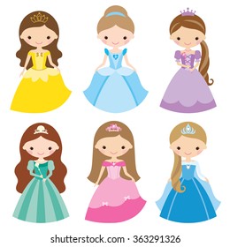 Vector illustration of princess in different costumes.