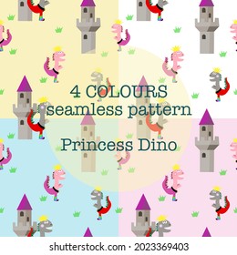 Vector illustration of a princess, dinosaur and castle. Seamless pattern on a 4 color background. Used for designing shirts, wrapping paper, curtains, carpets, book covers.