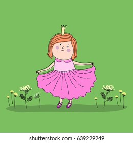 Vector illustration of a princess isolated on green background and flowers.