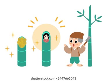 Vector illustration of Princess Kaguya. Well-known folktale in Japan. Princess Kaguya was born from bamboo and surprised elderly man. Cute character illustration.
