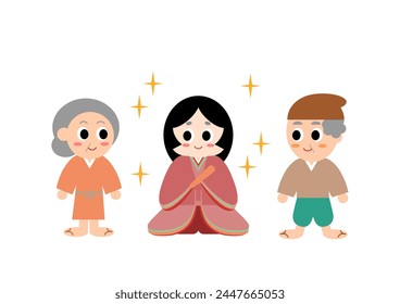 Vector illustration of Princess Kaguya. Well-known folktale in Japan. Princess Kaguya has grown up beautifully and elderly man and elderly woman are smiling. Cute character illustration.
