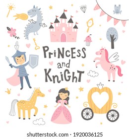 vector illustration, princess and knight image, fairy tale elements for kids parties
