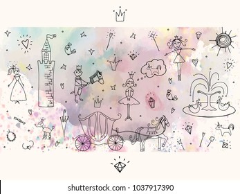Vector illustration. Princess life . Vector line objects set.