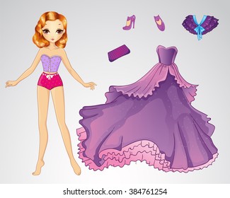 Vector illustration of princess paper doll with purple ball dress