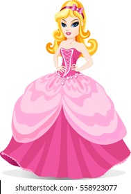 The vector illustration of princess in pink dress with blue eyes and pink bow at blond hair. For little girls.