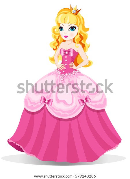 ピンクのドレスに青い目と金髪の王冠を持つプリンセスのベクターイラスト 女の子に のベクター画像素材 ロイヤリティフリー