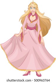 Vector illustration of a princess in pink yellow dress and crown.