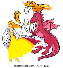 vector illustration princess, unicorn, dragon