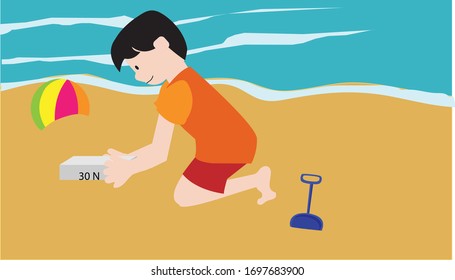 Vector Illustration of a Archimedes’ Principle, Child with a Stone, Weight Experiment, Experiment of Newton, Online Education Materials for Students