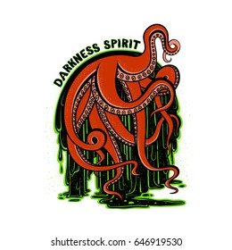 Vector illustration print art red tentacles of the monster octopus in the flow of luminescent glowing green radioactive sludge. Drawing creepy cephalopod mollusk