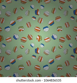 Vector illustration. Print for bakery. Neutral, white, orange, black and gray color. Sweets background design. Seamless pattern hand drawn cupcakes.