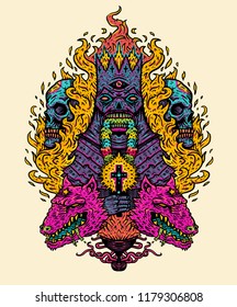 Vector illustration print. Demon king with burning cross, on the background of the flames skulls and evil dogs. Psychedelic art Design for T-shirt