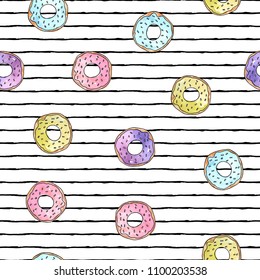 Vector illustration. Print element. Donuts on striped background. Element of seamless pattern . Cute vector objects . Fabric or paper design.