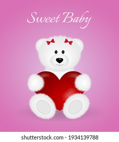 Vector illustration, print, fashion design, white Teddy Bear girl with heart.