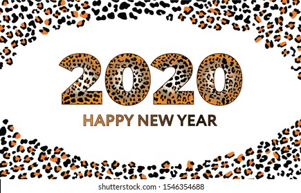 Vector illustration with print leopard. Ecological concept. Fashionable lion print Safari texture. Invitation New year 2020 numbers with Fashionable Leopard Pattern Black and orange gradient