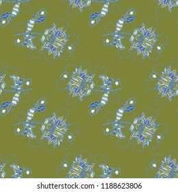 Vector illustration. For print on fabric, textiles, wallpaper. Seamless pattern with colorful paisley, green, blue and neutral flowers and decorative elements. Seamless background. Vintage retro style
