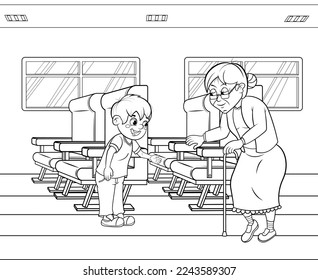 Vector illustration to print and paint where good manners are taught, of a boy giving up his seat to an old lady in a public means of transport.