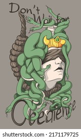 Vector illustration. A print for printing which depicts a gorgon medusa with a rope around her neck.