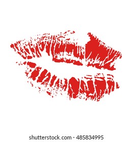 Vector illustration print of red lips. Lipstick kiss on white background
