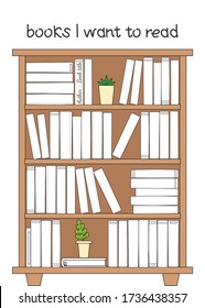 Vector illustration for printable with bookcase on white background. Minimalist planner of reading for journal page, habit tracker, daily planner template, blank for notebook. A4 paper sheet.