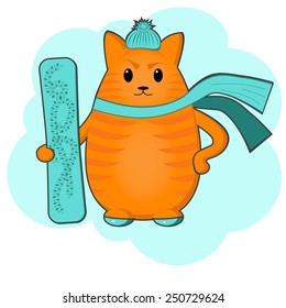 vector illustration of printable cartoon serious cat with the snowboard, hat and scarf. Can be printed on t-shirt or notebook.