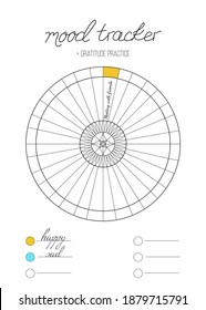 Vector illustration for printable with circle on white background. Minimalist planner of mood tracker, gratitude log, bullet journal page, daily planner template, blank for notebook. A4 paper sheet.