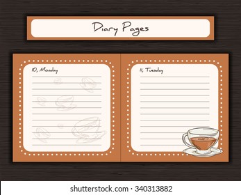 vector illustration of printable design of journal cards, notes, to do list, diary pages with cup of tea