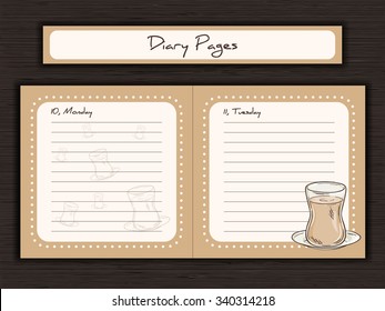 vector illustration of printable design of journal cards, notes, to do list, diary pages with cup of masala tea