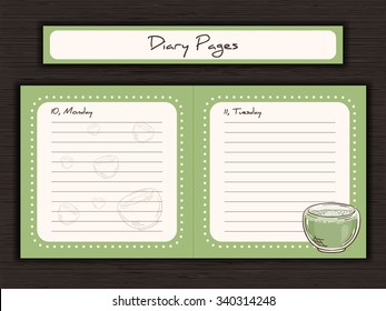 vector illustration of printable design of journal cards, notes, to do list, diary pages with cup of matcha