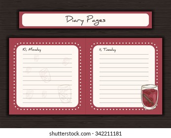 vector illustration of printable design of journal cards, notes, to do list, diary pages with cup of red sangria