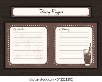 vector illustration of printable design of journal cards, notes, to do list, diary pages with cup of iced coffee