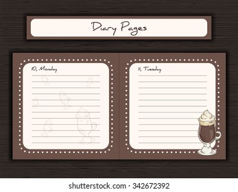 vector illustration of printable design of journal cards, notes, to do list, diary pages with cup of irish coffee