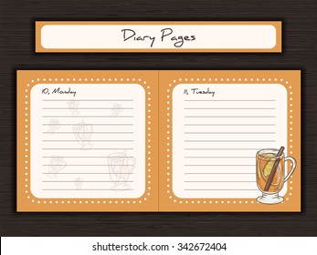 vector illustration of printable design of journal cards, notes, to do list, diary pages with cup of grog