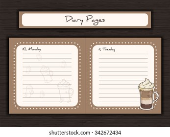 vector illustration of printable design of journal cards, notes, to do list, diary pages with cup of mocha