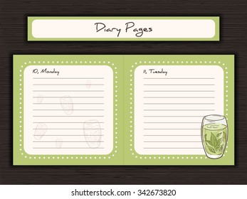 vector illustration of printable design of journal cards, notes, to do list, diary pages with cup of kuding tea