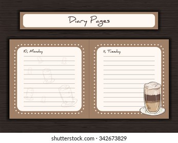 vector illustration of printable design of journal cards, notes, to do list, diary pages with cup of macchiato