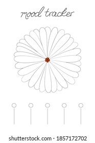 Vector illustration for printable with petals of flower on white background. Minimalist planner of mood tracker for bullet journal page, daily planner template, blank for notebook. A4 paper sheet.