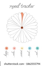 Vector Illustration For Printable With Petals Of Flower On White Background. Minimalist Planner Of Mood Tracker For Bullet Journal Page, Daily Planner Template, Blank For Notebook. A4 Paper Sheet.