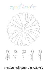 Ilustración vectorial para imprimible con pétalos de flor sobre fondo blanco. Planificador minimalista del rastreador de estado de ánimo para la página del diario de viñetas, plantilla de planificador diario, en blanco para el bloc de notas. Hoja de papel A4.