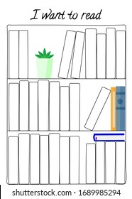 Vector illustration for printable with shelf and books on white background. Minimalist planner of reading for journal page, habit tracker, daily planner template, blank for notebook. A4 paper sheet.