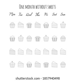 Vector illustration for printable with sweets, cakes and muffins on white background. Planner of tracker without sweets for bullet journal page, daily planner template, blank for notebook. A4 sheet.