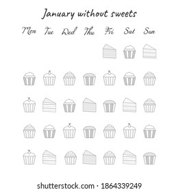 Vector illustration for printable with sweets, cakes and muffins on white background. Planner of tracker without sweets for bullet journal page, daily planner template, blank for notebook. A4 sheet.