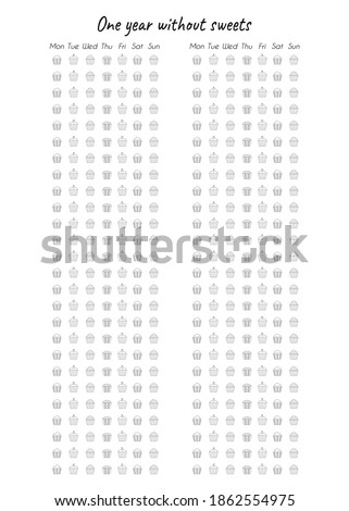 Vector illustration for printable with sweets, cakes and muffins on white background. Planner of tracker without sweets for bullet journal page, daily planner template, blank for notebook. A4 sheet.