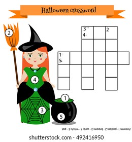 Vector illustration, printable worksheet with witch character. Crossword educational children game with answer. Learning vocabulary. Halloween theme