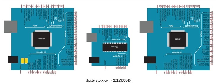 Vector illustration of printed circuit board arduino uno and arduino mega. An electronic board operating under the control of an microcontroller. 