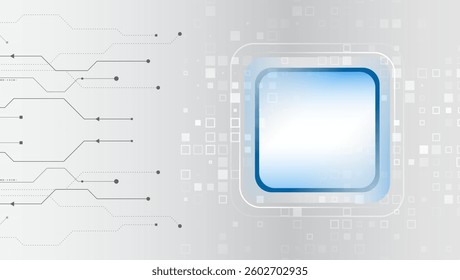 Vector illustration of printed circuit board and squares. Abstract futuristic communication. High-tech gray background with various technological elements. For web presentation and banner.