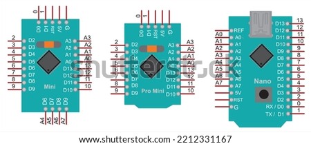 Vector illustration of printed circuit board arduino nano, arduino mini, 
arduino pro mini. An electronic board operating under the control
of an microcontroller.