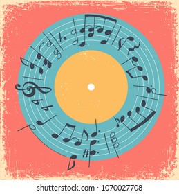 Ilustração vetorial com círculo musical impresso e gravação em vinil. Conceito musical vintage convite criativo