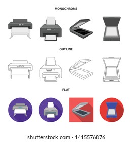 Vector illustration of printer and plotter sign. Set of printer and machine stock symbol for web.