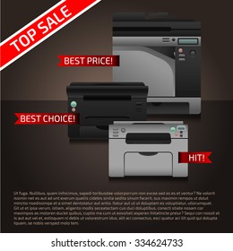 Vector illustration with printers on dark brown background. Advertise template with sample text and printer. Print equipment top sale page. Banner design. 